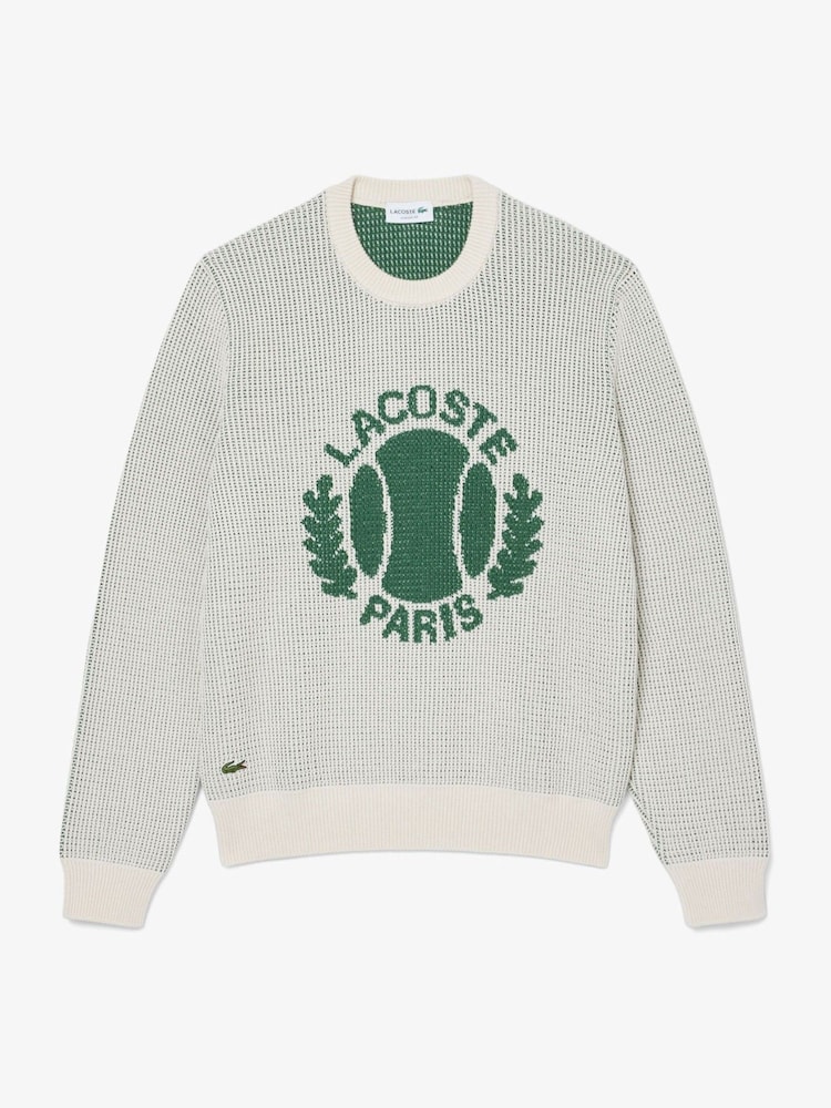 Lacoste Cream Ribbed Jacquard Chunky Cotton Crew Neck Sweater - Image 1 of 2