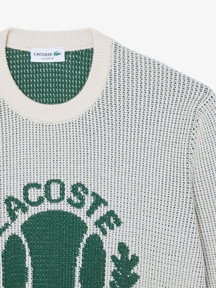 Lacoste Cream Ribbed Jacquard Chunky Cotton Crew Neck Sweater - Image 2 of 2