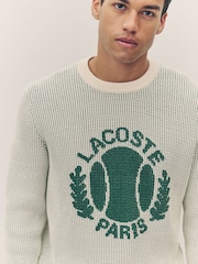 Lacoste Cream Ribbed Jacquard Chunky Cotton Crew Neck Sweater - Image 3 of 6