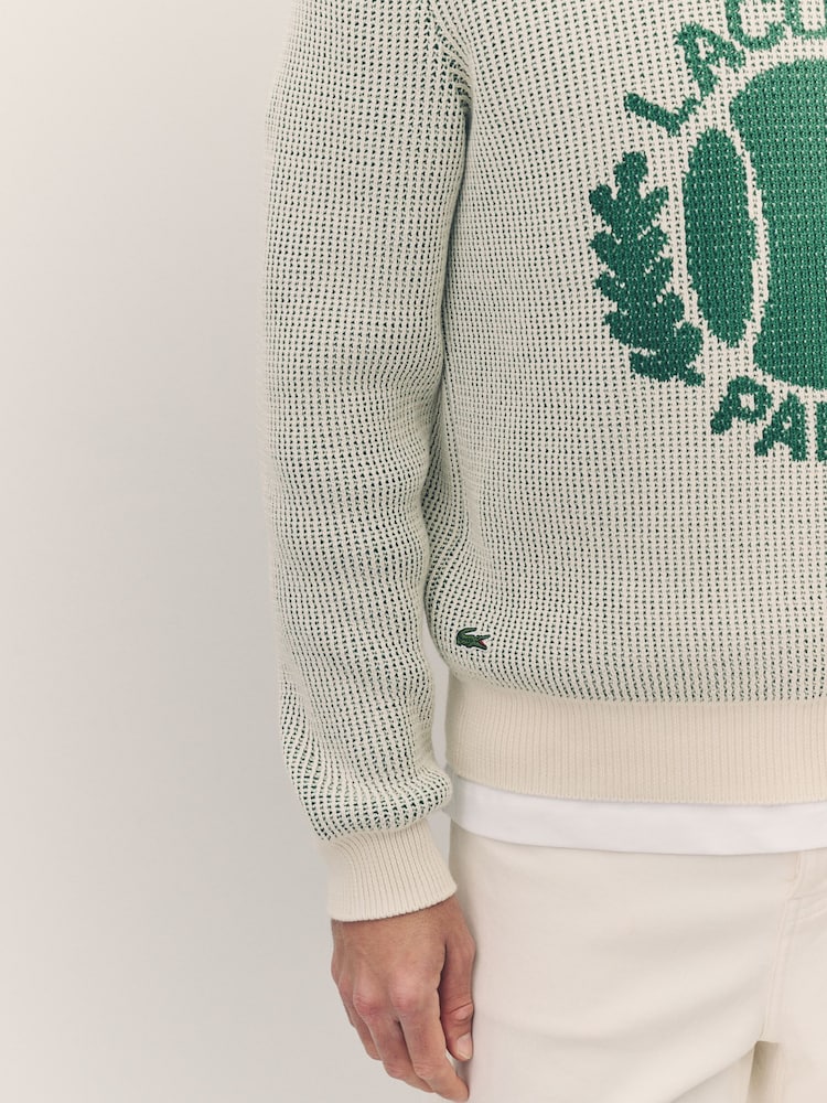 Lacoste Cream Ribbed Jacquard Chunky Cotton Crew Neck Sweater - Image 4 of 6