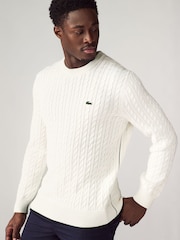 Lacoste Cotton Blend Crew Neck Cable Knit White Sweater - Image 1 of 4