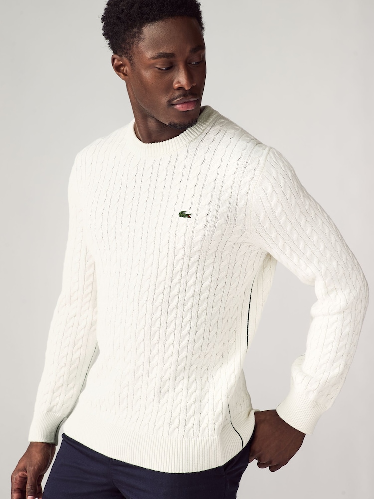 Lacoste Cotton Blend Crew Neck Cable Knit White Sweater - Image 1 of 4