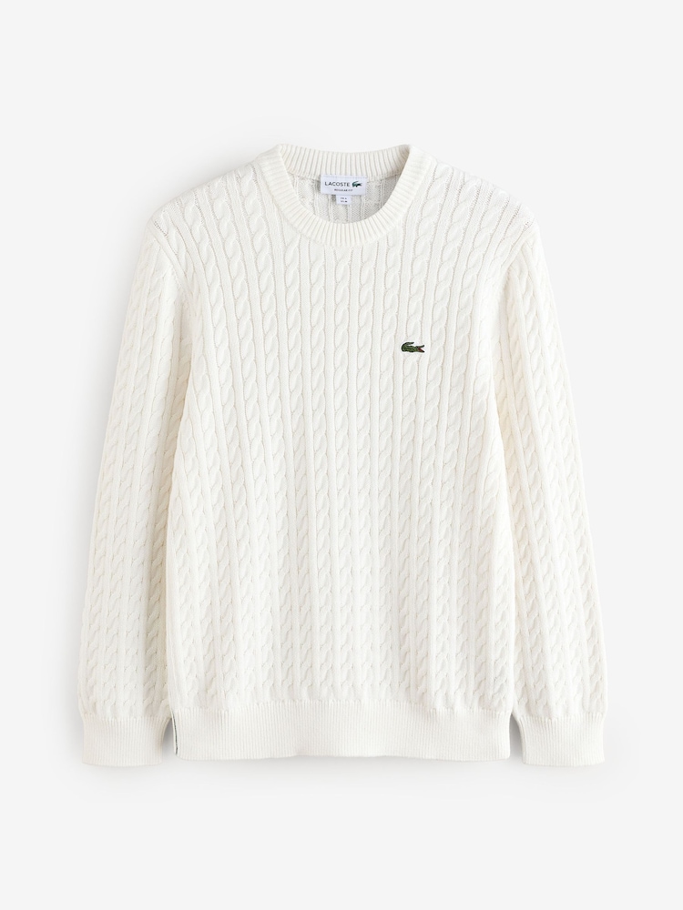 Lacoste Cotton Blend Crew Neck Cable Knit White Sweater - Image 4 of 4