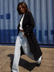 River Island Black Faux Wool Belted Wrap Coat - Image 1 of 4
