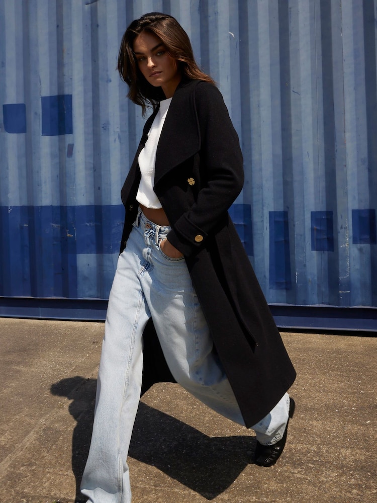 River Island Black Faux Wool Belted Wrap Coat - Image 1 of 4