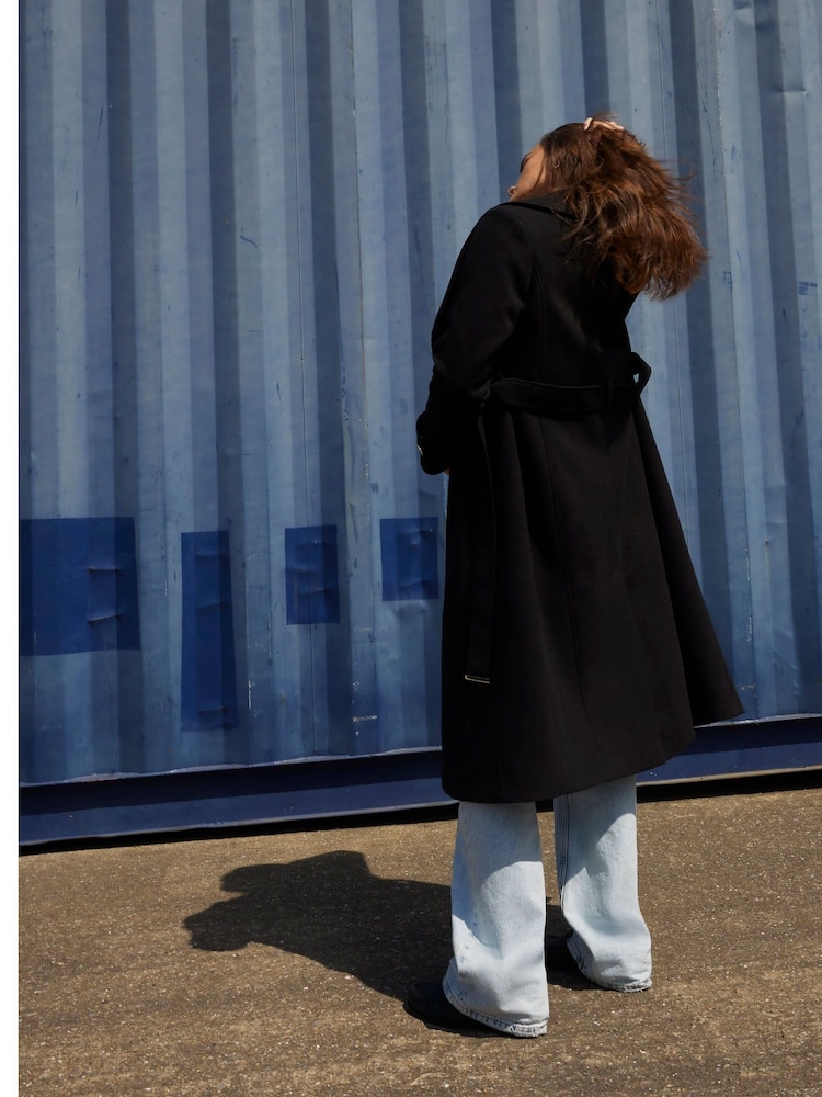 River Island Black Faux Wool Belted Wrap Coat - Image 2 of 4