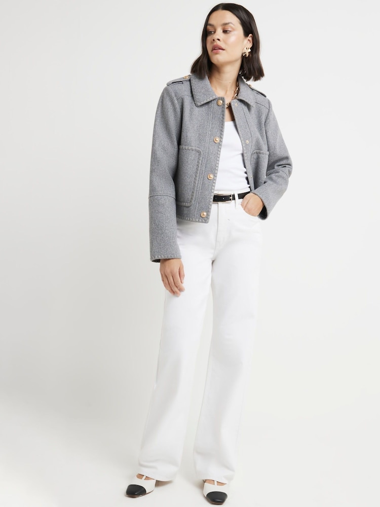 River Island Grey Stitched Cropped Jacket - Image 1 of 4 River Island Grey Stitched Cropped Jacket - Image 1 of 4