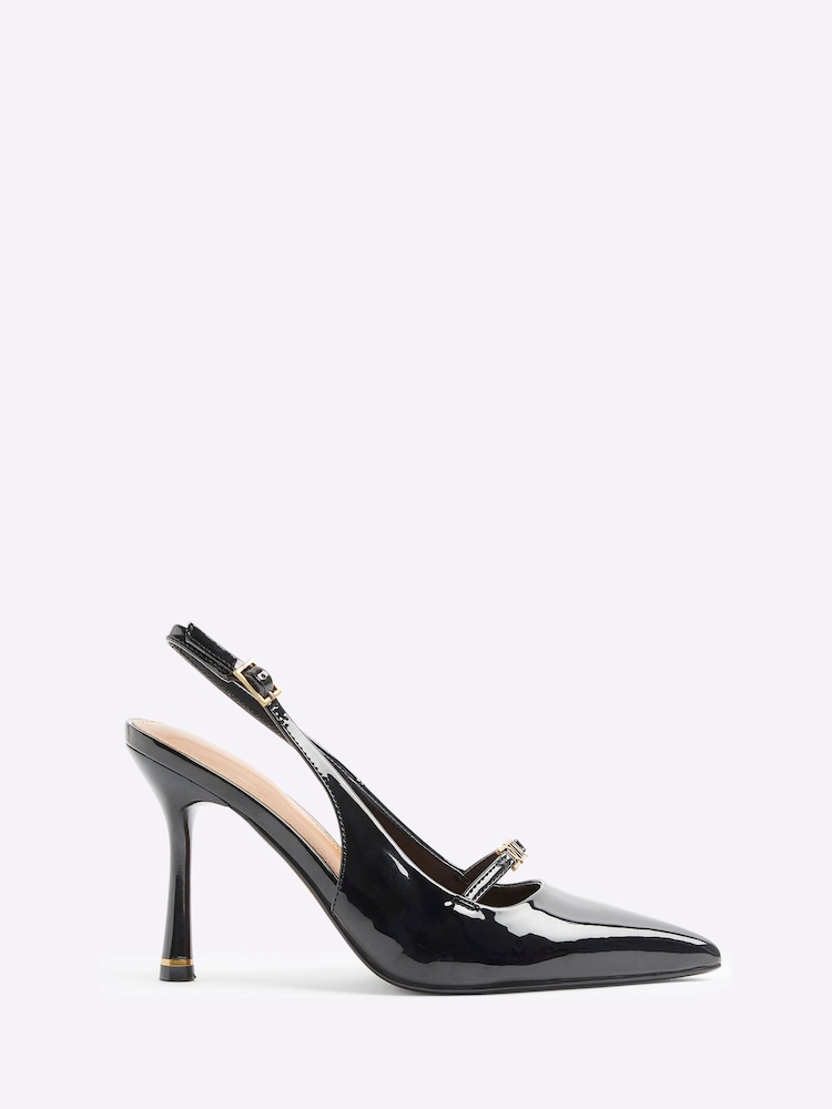 River Island Black Strap Sling Back Heeled Court Shoes - Image 1 of 6 River Island Black Strap Sling Back Heeled Court Shoes - Image 1 of 6