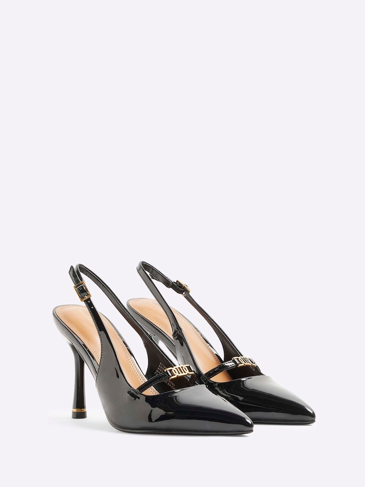 River Island Black Strap Sling Back Heeled Court Shoes - Image 2 of 6 River Island Black Strap Sling Back Heeled Court Shoes - Image 2 of 6