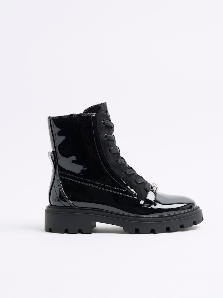 River Island Black Patent Lace Up Boots - Image 1 of 4