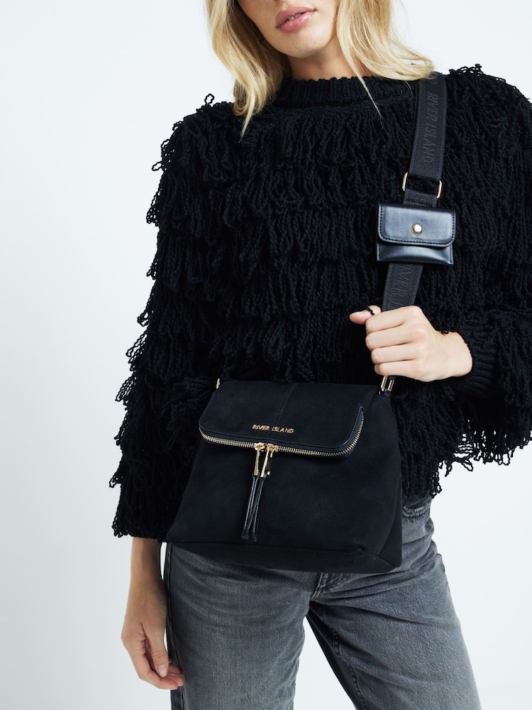River Island Black Suedette Zip Front Messenger Crossbody Bag - Image 1 of 5