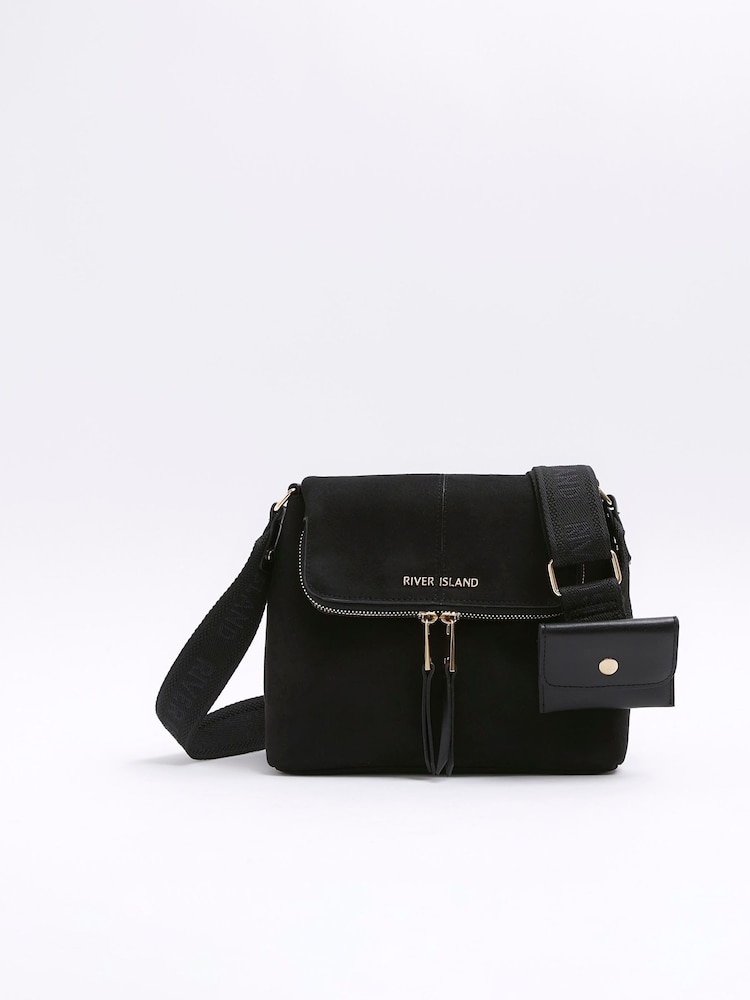 River Island Black Suedette Zip Front Messenger Crossbody Bag - Image 2 of 5