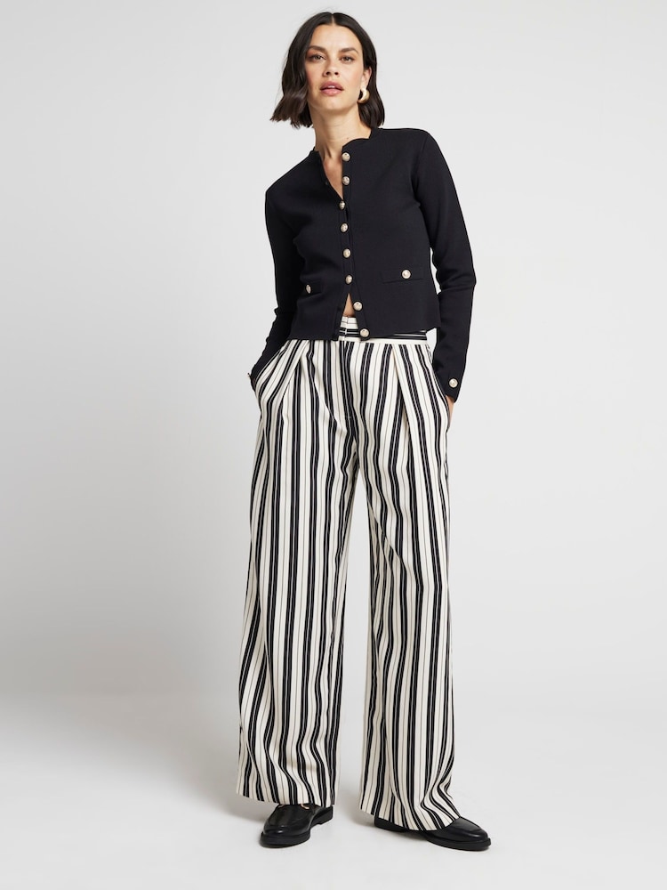 River Island Black Stripe Wide Leg Pleated Tailored Trousers - Image 1 of 4