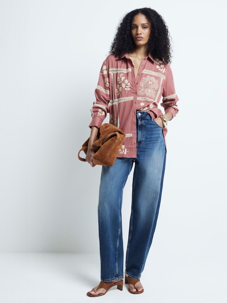 River Island Pink Patchwork Cut Out Lace 100% Cotton Shirt - Image 1 of 4
