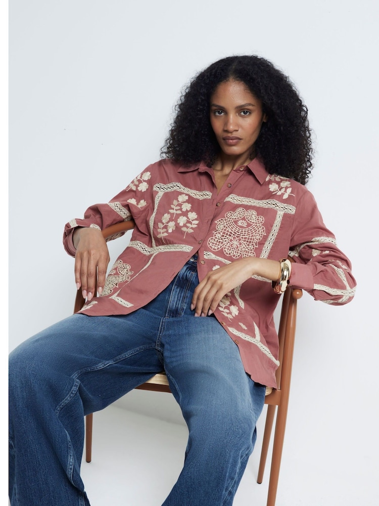 River Island Pink Patchwork Cut Out Lace 100% Cotton Shirt - Image 2 of 4