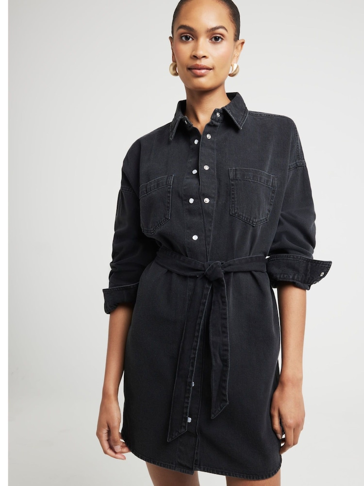 River Island Black Mini Belted Denim 100% Cotton Shirt Dress - Image 1 of 4 River Island Black Mini Belted Denim 100% Cotton Shirt Dress - Image 1 of 4