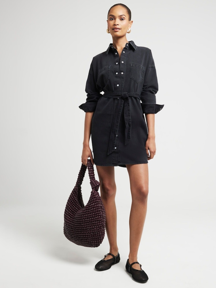 River Island Black Mini Belted Denim 100% Cotton Shirt Dress - Image 2 of 4 River Island Black Mini Belted Denim 100% Cotton Shirt Dress - Image 2 of 4
