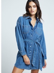River Island Blue Mini Belted Denim 100% Cotton Shirt Dress - Image 1 of 6