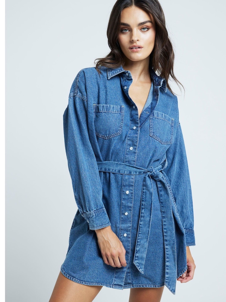River Island Blue Mini Belted Denim 100% Cotton Shirt Dress - Image 1 of 6