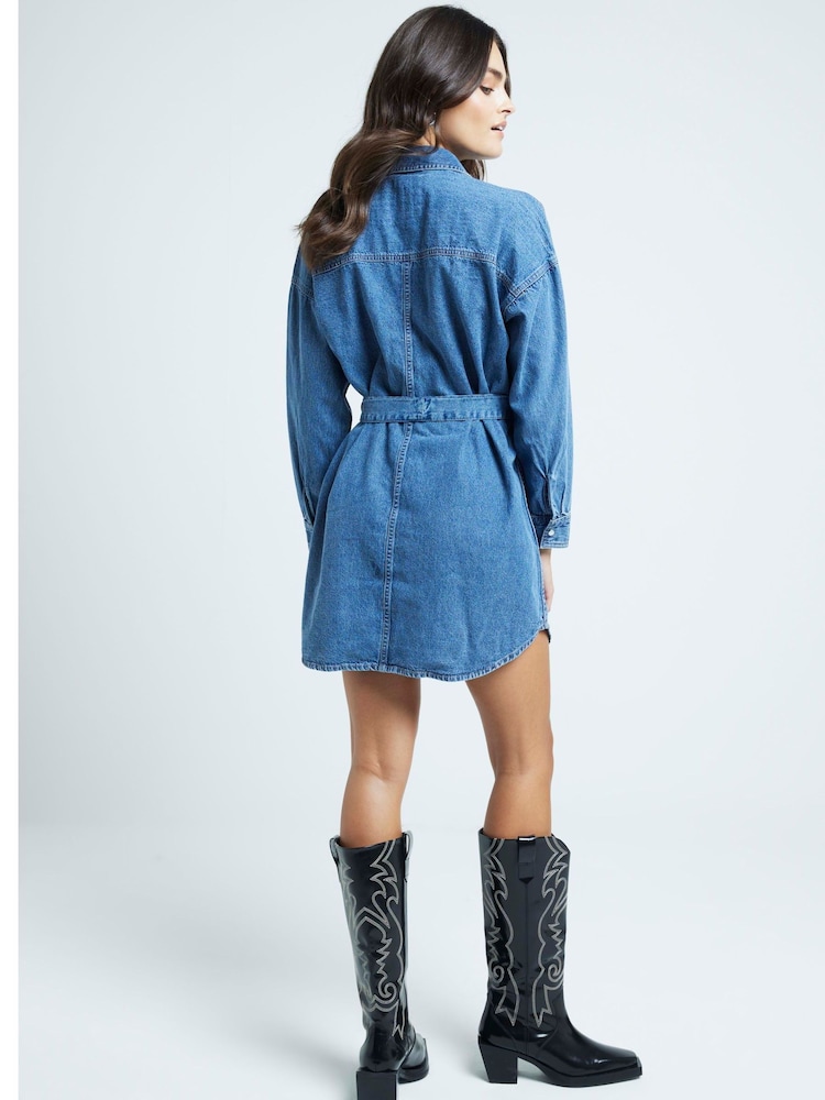 River Island Blue Mini Belted Denim 100% Cotton Shirt Dress - Image 2 of 6