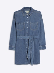River Island Blue Mini Belted Denim 100% Cotton Shirt Dress - Image 5 of 6