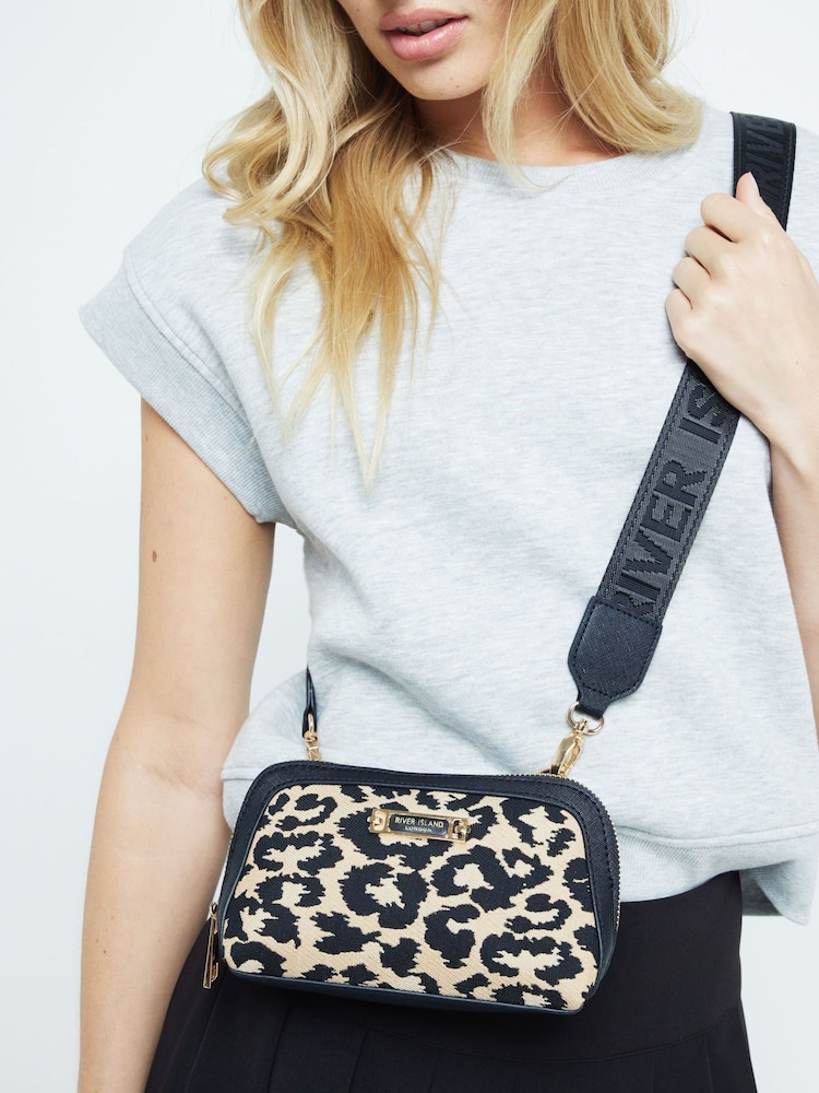 River Island Brown Small Leopard Jacquard Crossbody Bag - Image 1 of 6