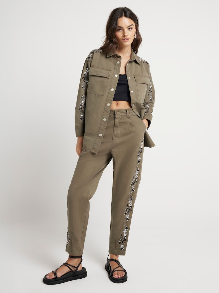 River Island Green Embellished Denim Chino 100% Cotton Trousers - Image 1 of 4