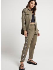 River Island Green Embellished Denim Chino 100% Cotton Trousers - Image 2 of 4