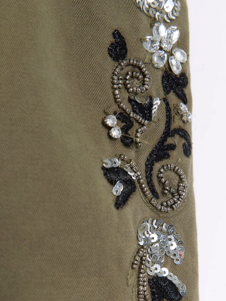 River Island Green Embellished Denim Chino 100% Cotton Trousers - Image 4 of 4