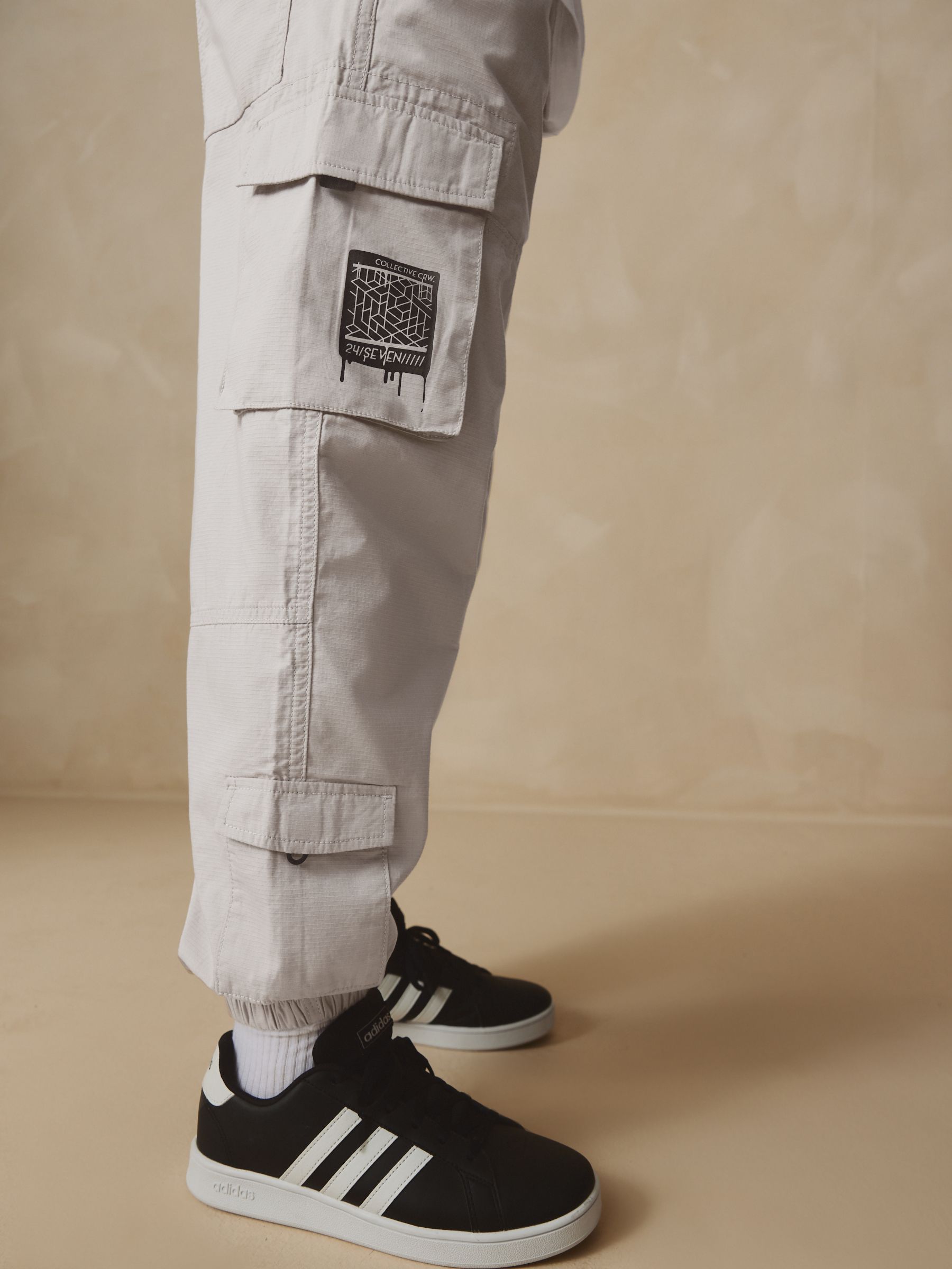 Buy Grey Graffiti 100% Cotton Wide Tapered Cargo Trousers (3