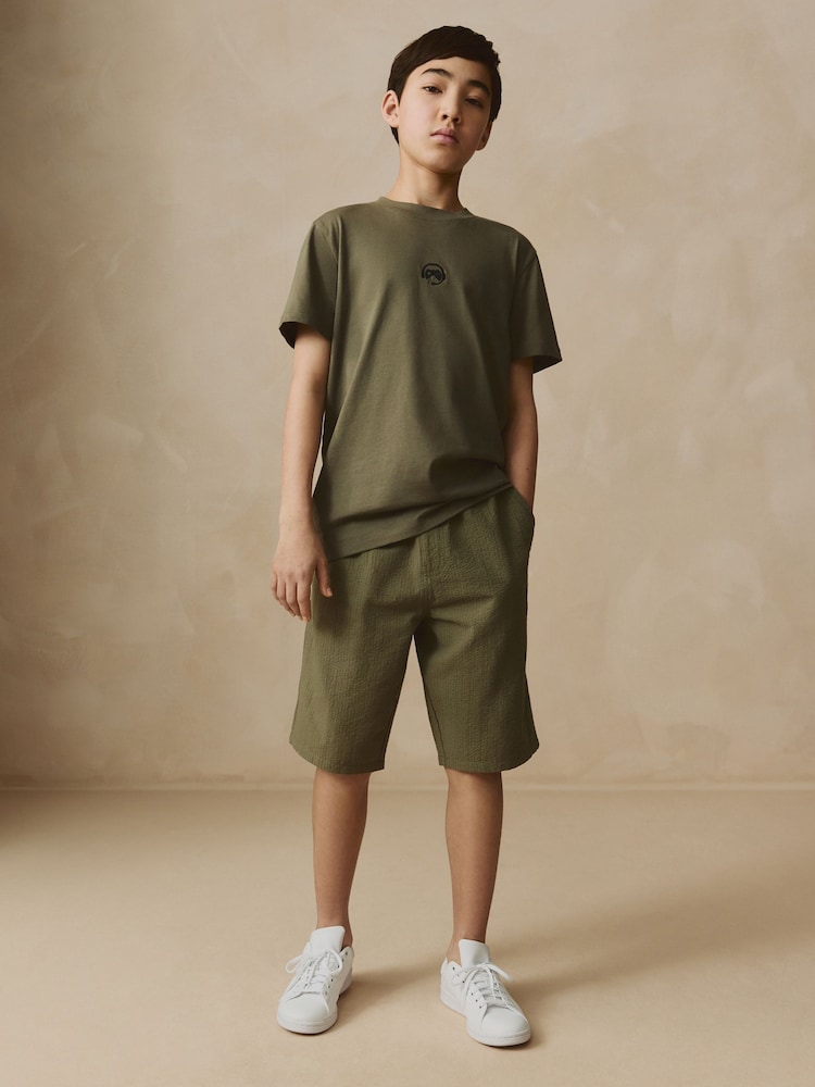 Khaki Green 100% Cotton Textured Woven Pull On Shorts (3-16yrs) - Image 3 of 9