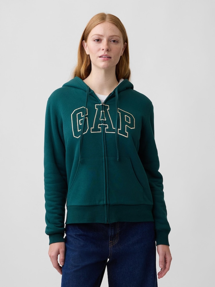 Hunter verde - Hanorac cu glugă lejer, cu fermoar și logo Gap căptușit cu sherpa - Imaginea 1 din 4