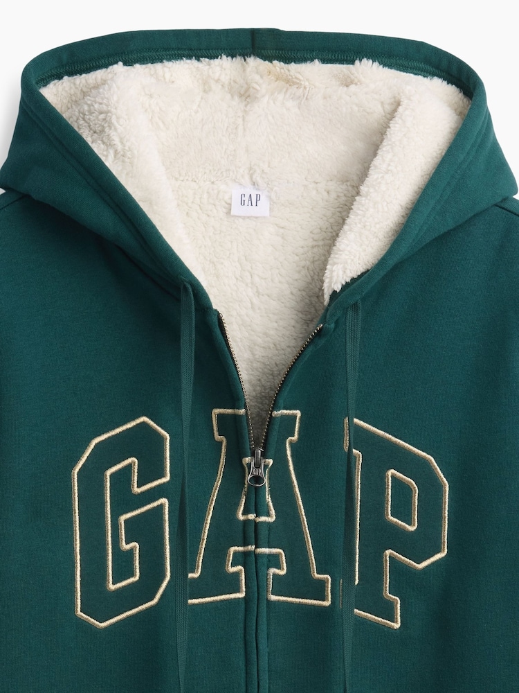 Hunter verde - Hanorac cu glugă lejer, cu fermoar și logo Gap căptușit cu sherpa - Imaginea 4 din 4