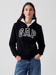 Gap Black Relaxed Logo Sherpa-Lined Zip-Up Hoodie - Image 1 of 5