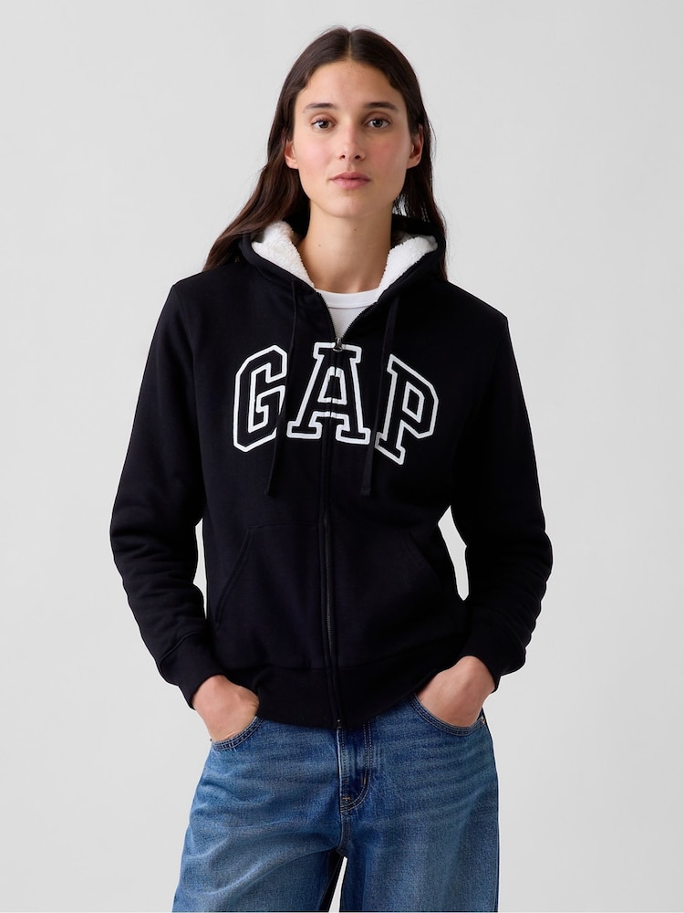 Gap Black Relaxed Logo Sherpa-Lined Zip-Up Hoodie - Image 1 of 5