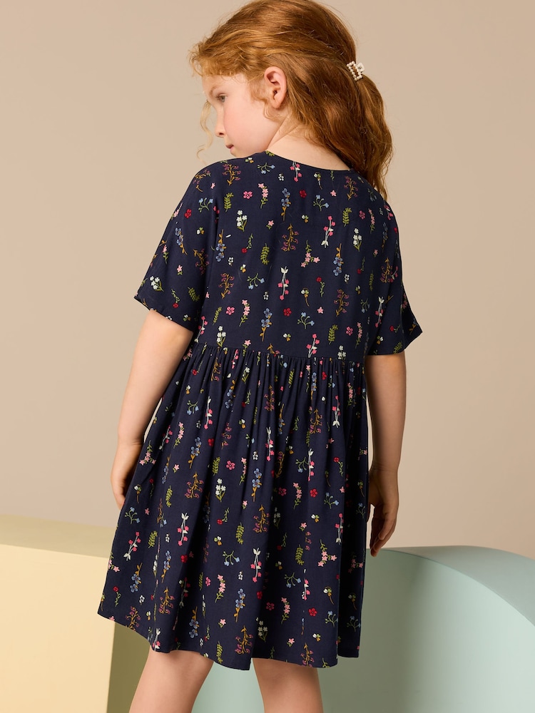Navy Blue Floral Button Summer Dress (3-16yrs) - Image 2 of 7 Navy Blue Floral Button Summer Dress (3-16yrs) - Image 2 of 7