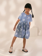 Blue Denim Flower Print Button Dress (3-16yrs) - Image 1 of 8