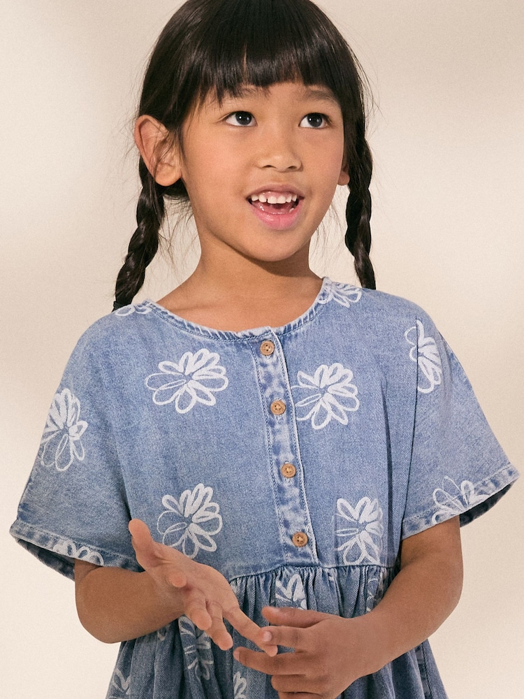 Blue Denim Flower Print Button Dress (3-16yrs) - Image 2 of 8 Blue Denim Flower Print Button Dress (3-16yrs) - Image 2 of 8