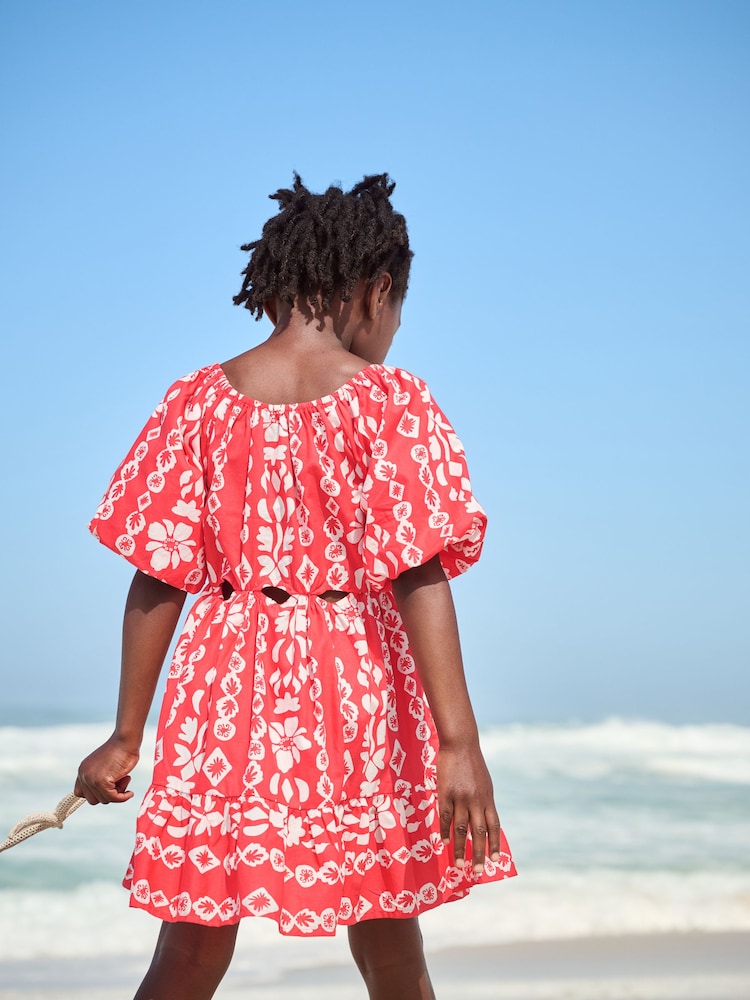 Red Printed 100% Cotton Cut-Out Dress (3-16yrs) - Image 3 of 8