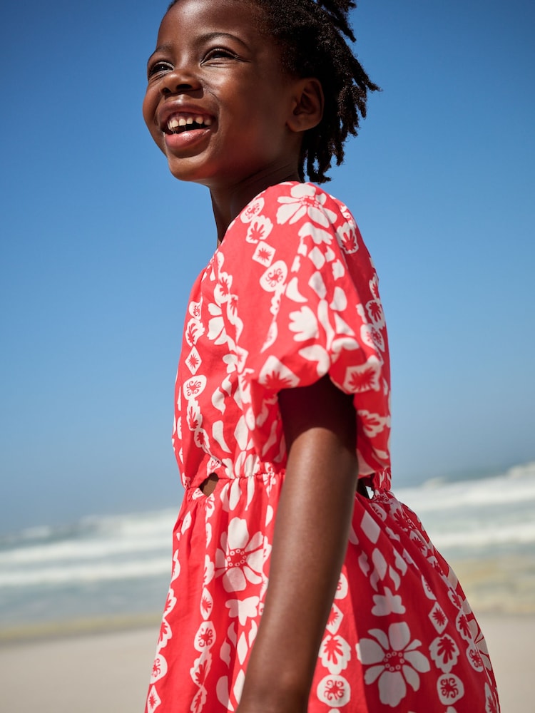 Red Printed 100% Cotton Cut-Out Dress (3-16yrs) - Image 4 of 8
