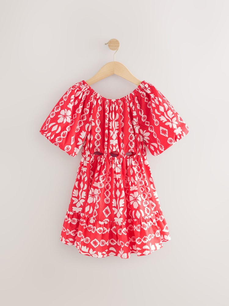 Red Printed 100% Cotton Cut-Out Dress (3-16yrs) - Image 6 of 8