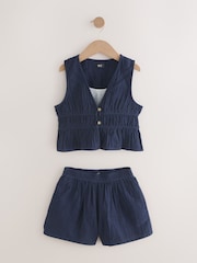 Navy Blue 100% Cotton Waistcoat, Shorts And Vest Top Set (3-16yrs) - Image 6 of 10