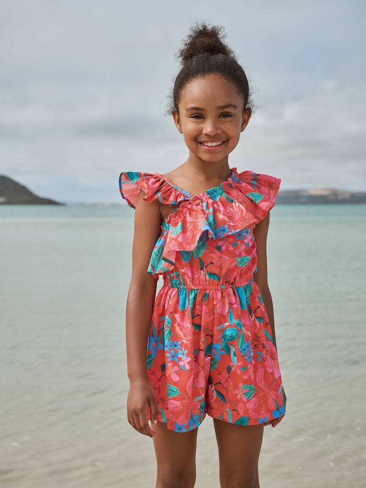 Red Tropical Frill Shoulder Playsuit (3-16yrs) - Image 1 of 7