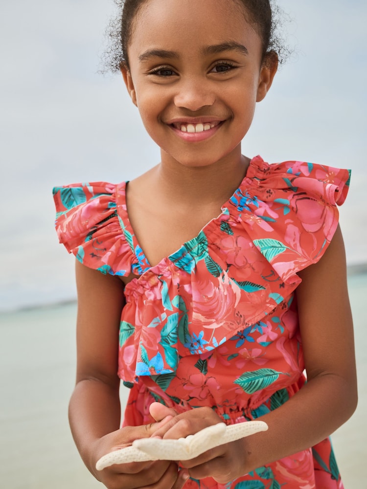 Red Tropical Frill Shoulder Playsuit (3-16yrs) - Image 3 of 7