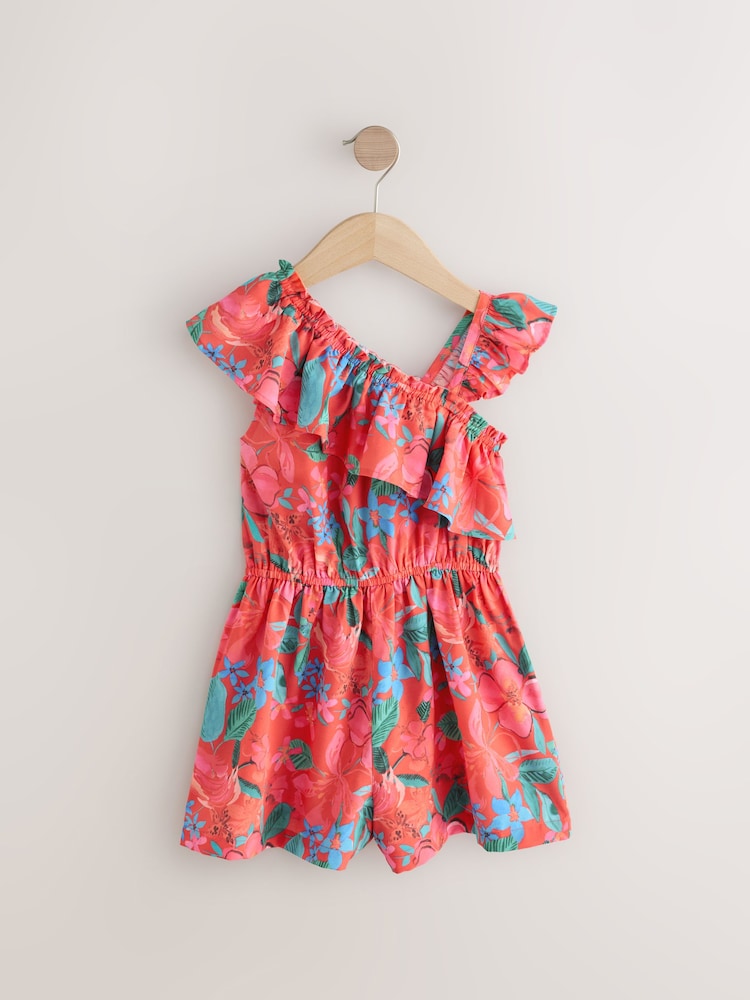 Red Tropical Frill Shoulder Playsuit (3-16yrs) - Image 4 of 7