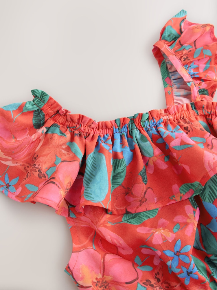 Red Tropical Frill Shoulder Playsuit (3-16yrs) - Image 6 of 7