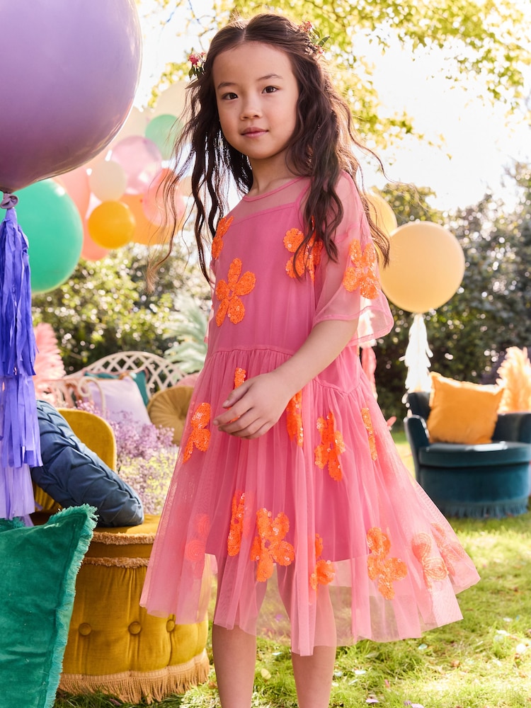 Pink/Orange Flower Sequin Mesh Party Dress (3-16yrs) - Image 1 of 5