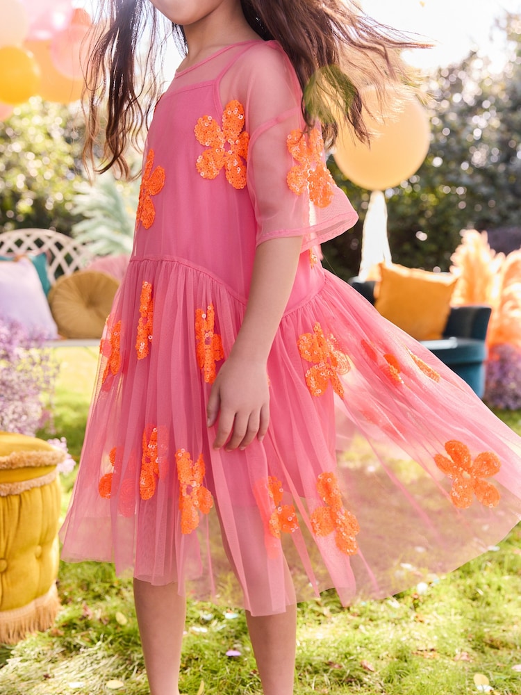 Pink/Orange Flower Sequin Mesh Party Dress (3-16yrs) - Image 5 of 5