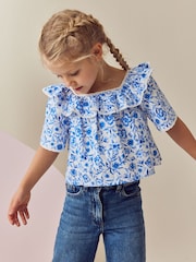 Blue Floral Printed Ruffle 100% Cotton Blouse (3-16yrs) - Image 1 of 3