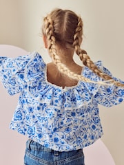 Blue Floral Printed Ruffle 100% Cotton Blouse (3-16yrs) - Image 3 of 3